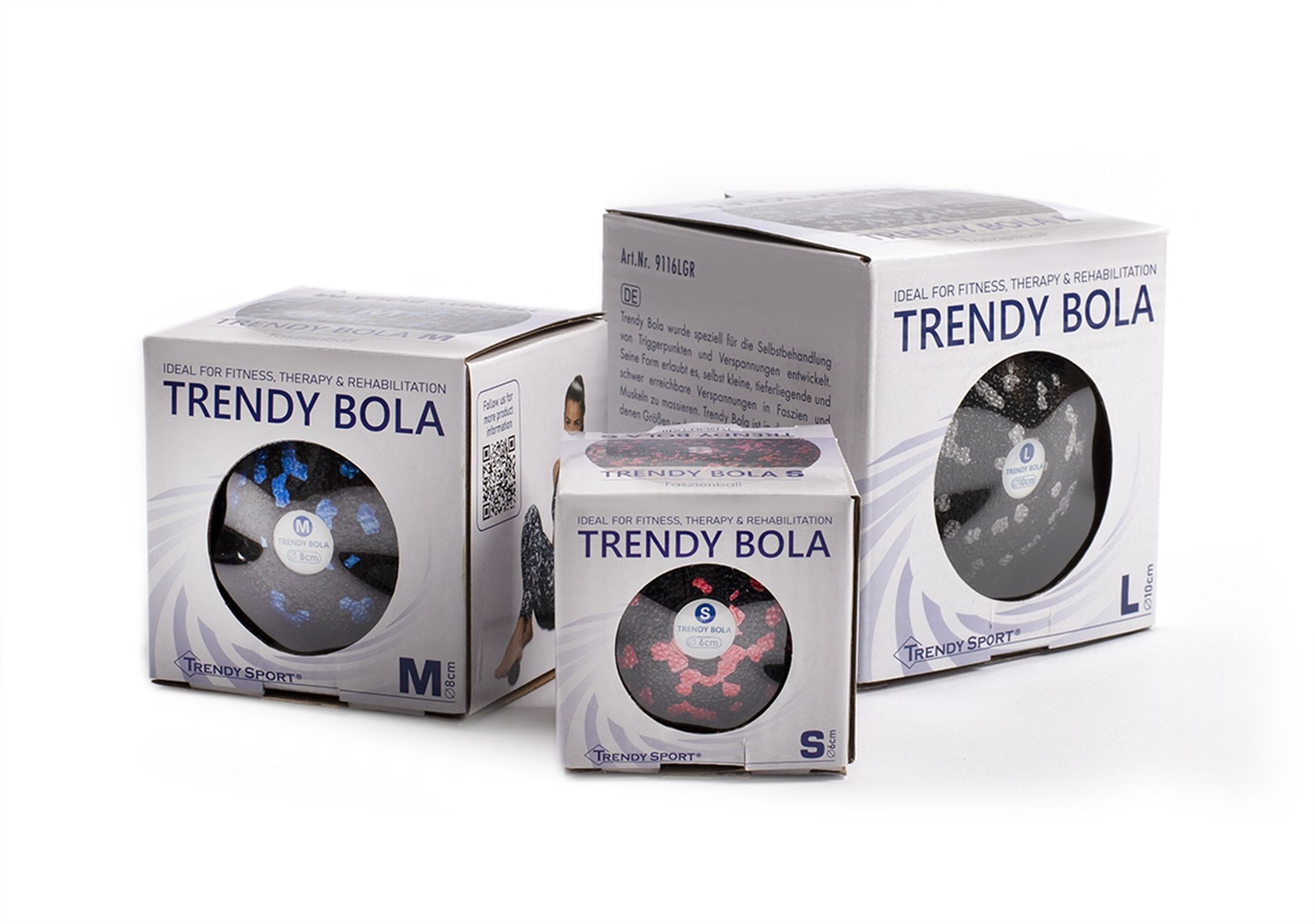 Tre confezioni quadrate del prodotto. Stampa: Trendy Bola. Taglie S, M, L. Vista del prodotto.