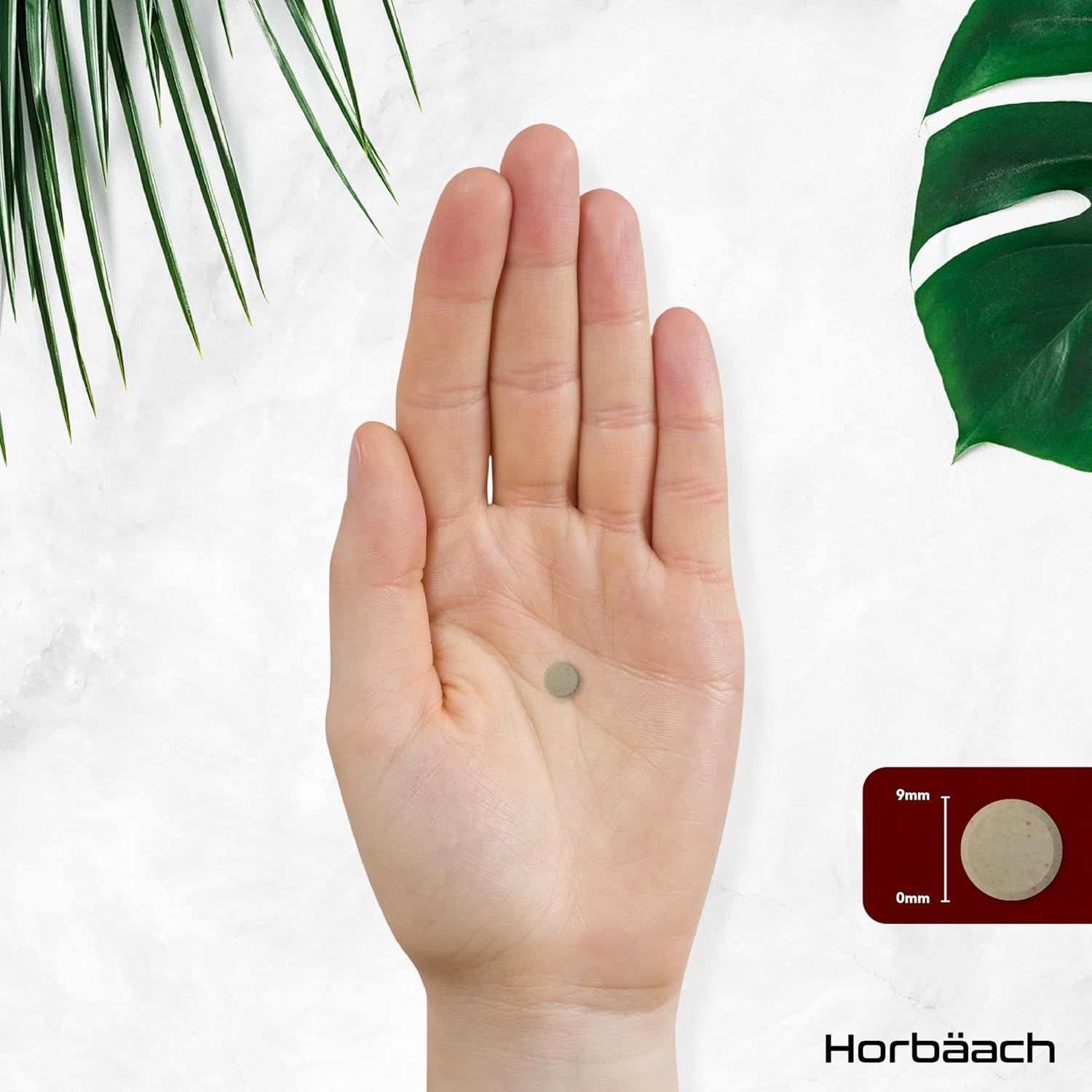 Mano con una compressa. Compressa rotonda, marrone chiaro. Dimensioni: 9mm x 6mm. Logo Horbaach.