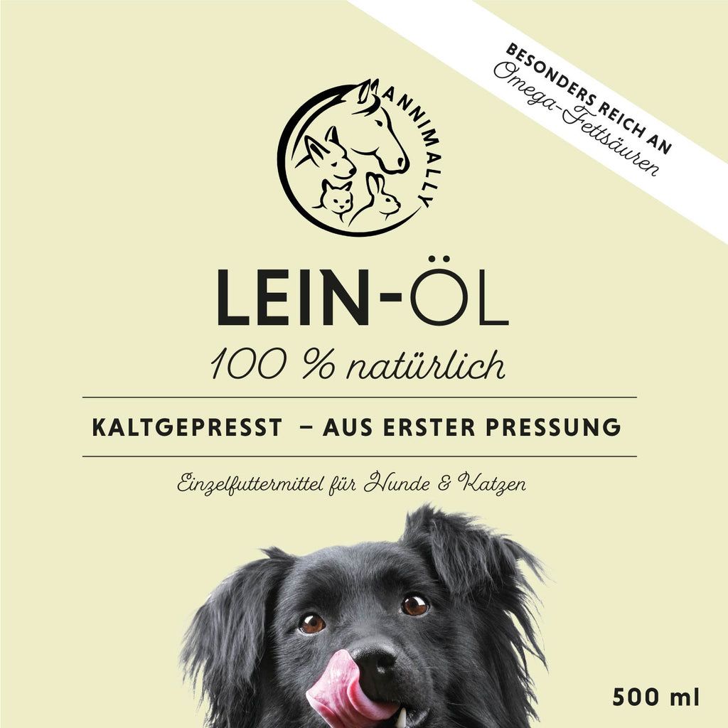 Etichetta con logo e testo: Olio di lino, 100% naturale, spremuto a freddo, prima spremitura. Per cani e gatti. 500 ml.