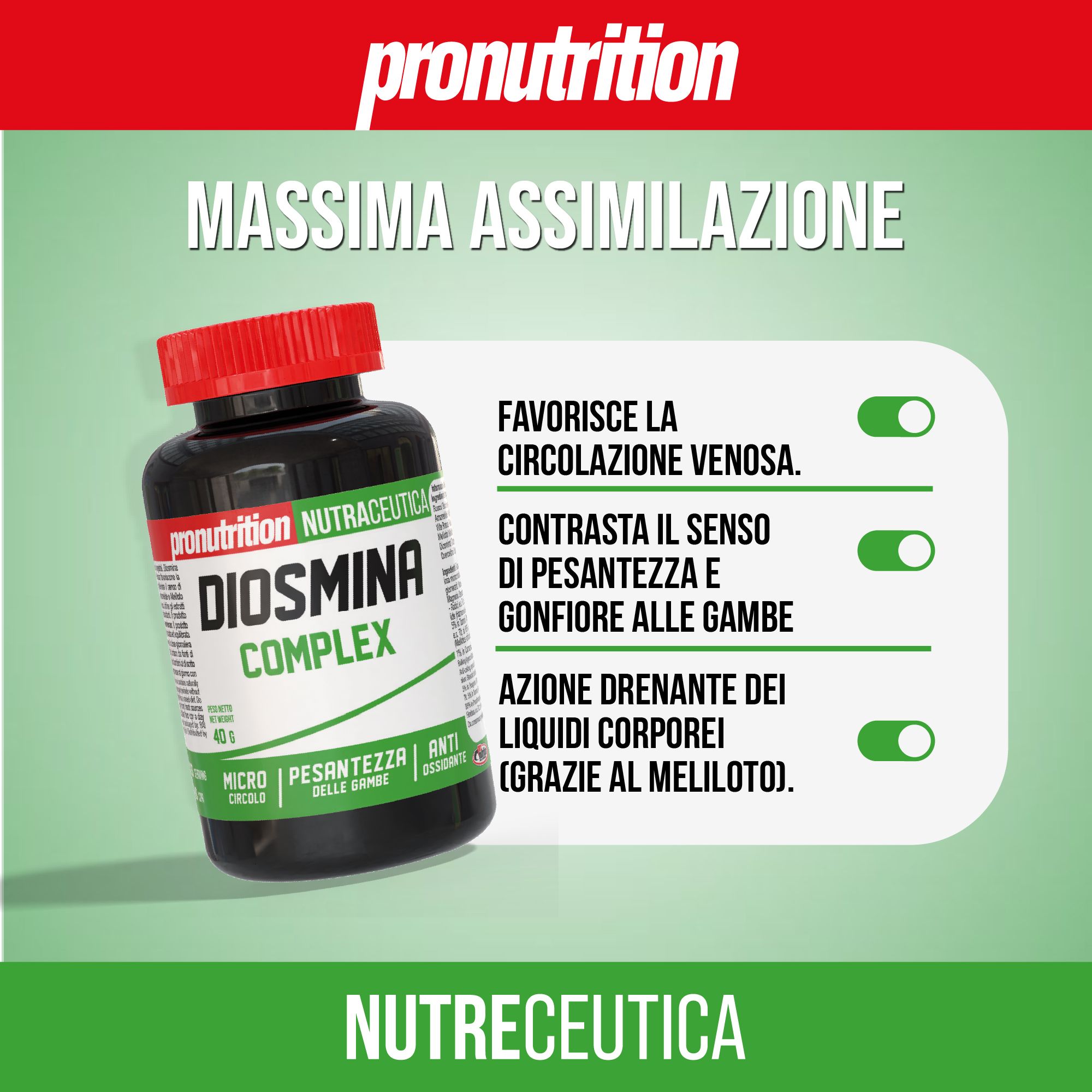 Pronutrition Diosmina Complex: contenitore scuro con tappo rosso, elenco dei benefici.