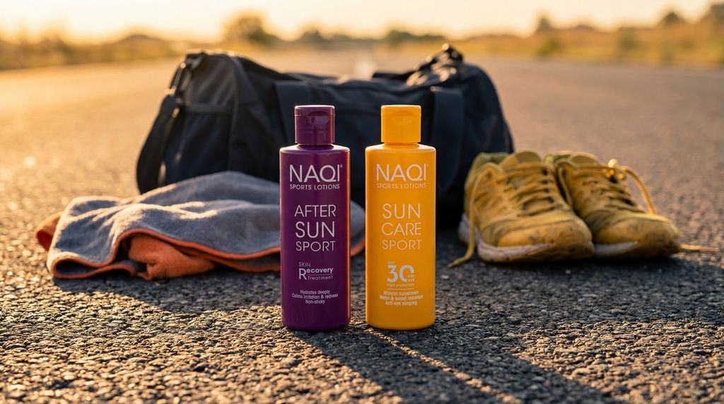 Due flaconi di lozione sportiva NAQI, uno After Sun, uno Sun Care, vicino a una borsa sportiva e scarpe.