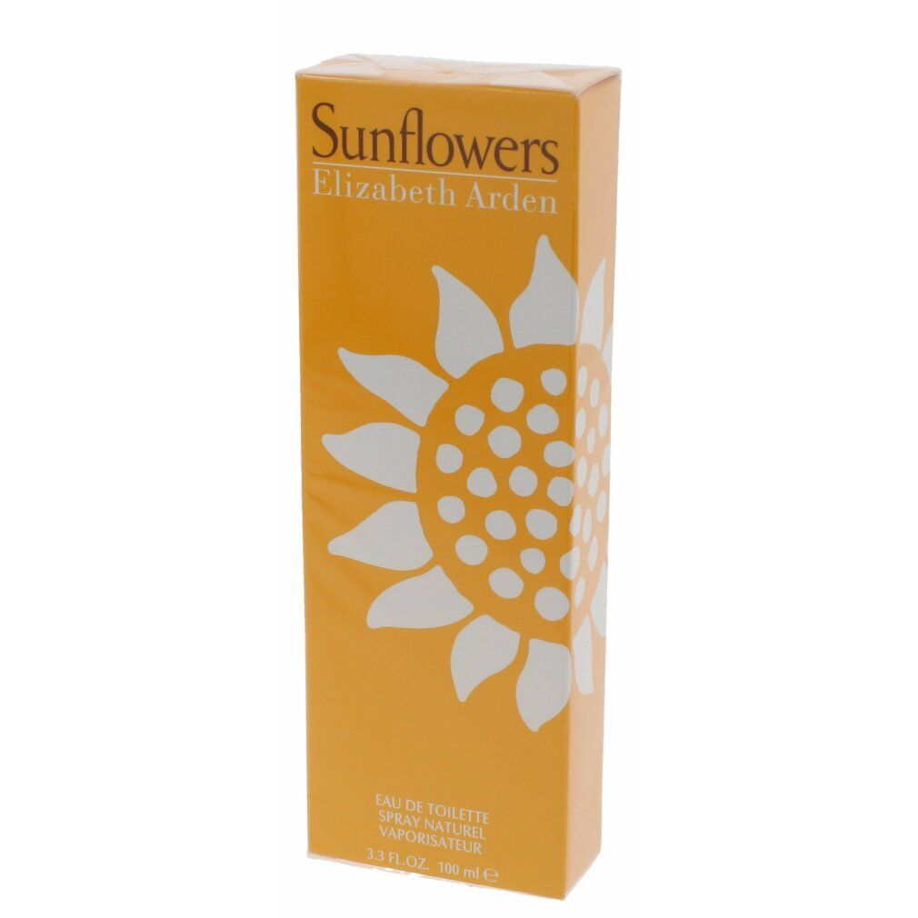 Confezione gialla con design girasole. Scritta "Sunflowers" e "Elizabeth Arden".