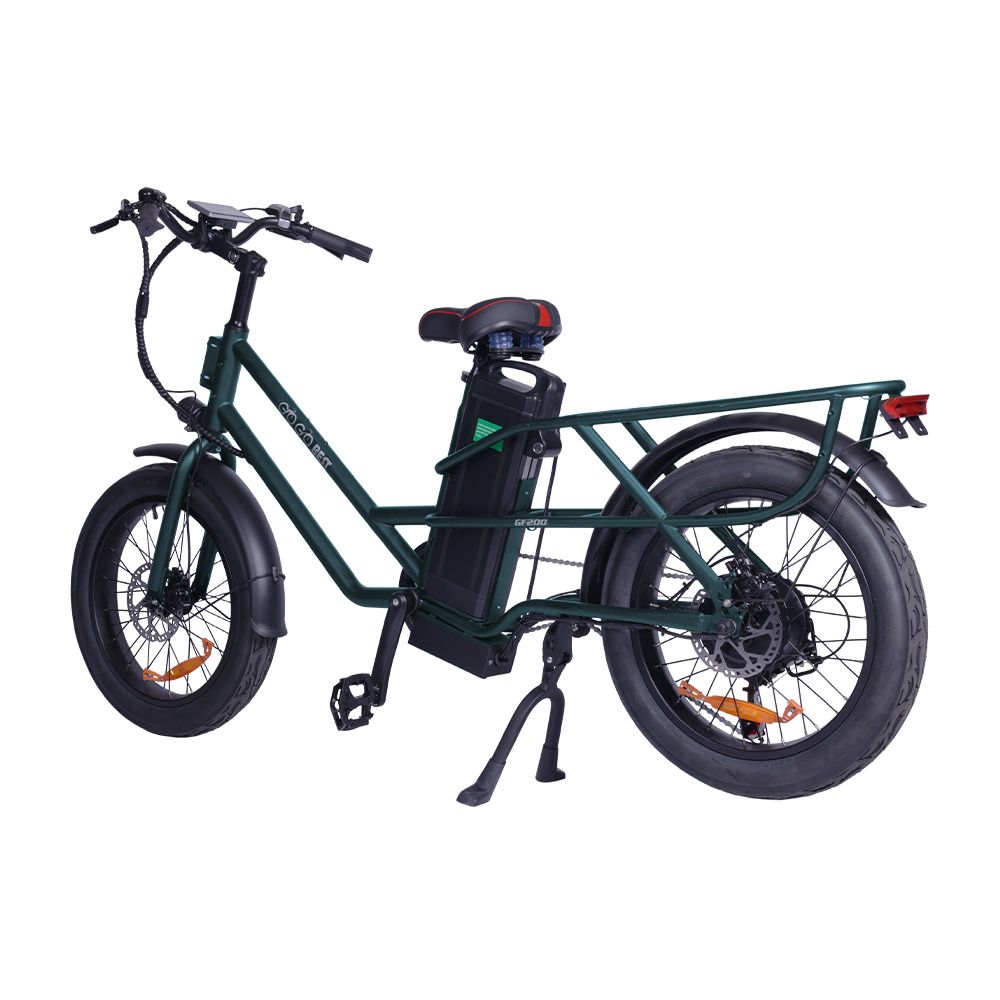 E-bike da carico verde con portapacchi e pneumatici neri. Batteria sul telaio. Scritta GOGOBEST.