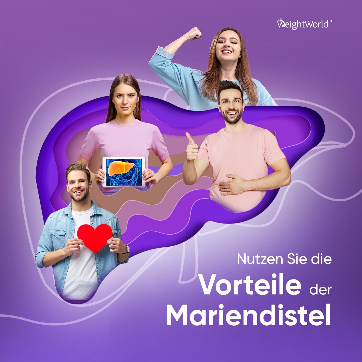 Grafica con persone intorno a un'illustrazione del fegato. Testo: Approfitta dei benefici del cardo mariano. Logo WeightWorld.