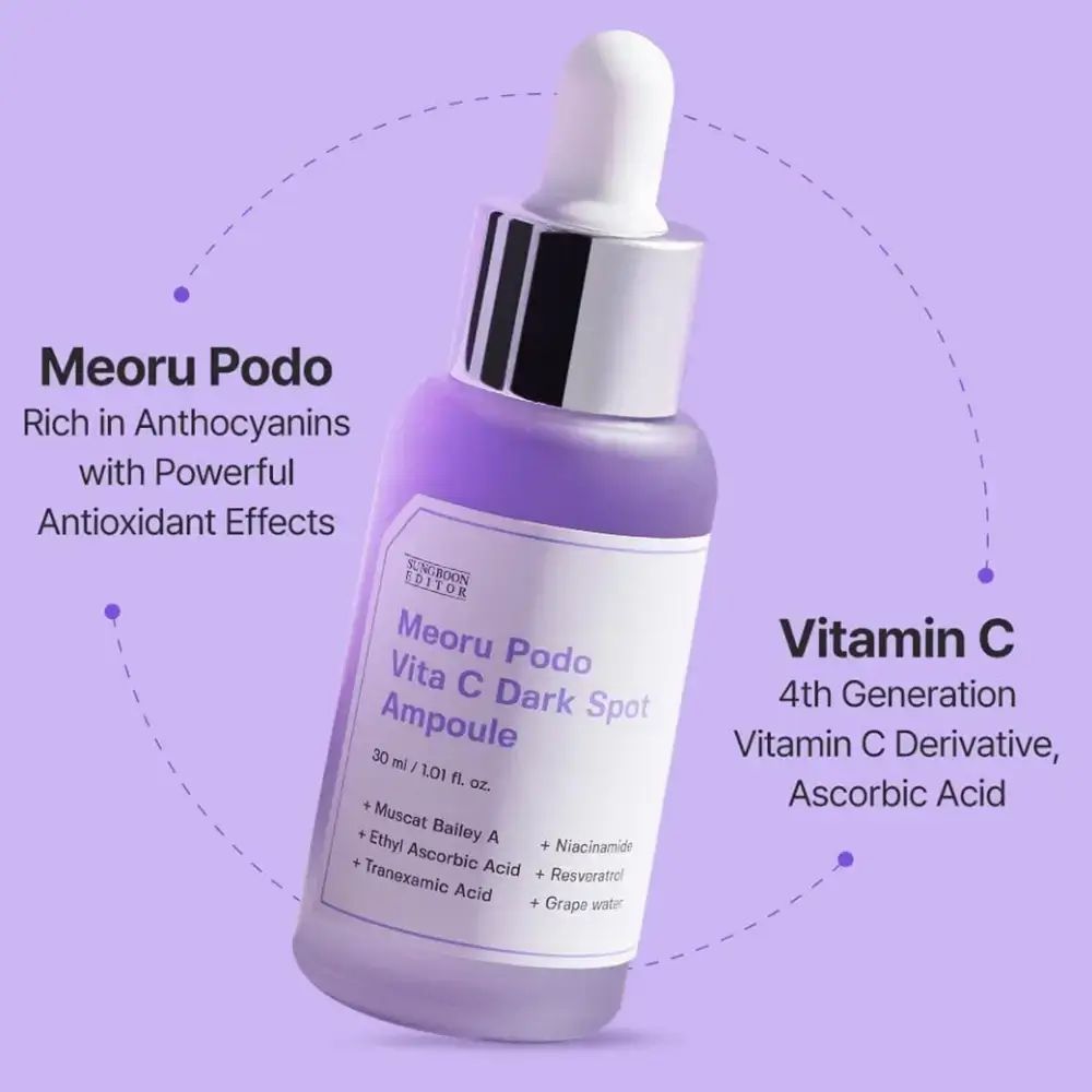 Flacone SUNGBOON EDITOR Meoru Podo Vita C Dark Spot Ampoule. Bottiglia viola, pipetta bianca, tappo argentato. Testo: Vitamina C.