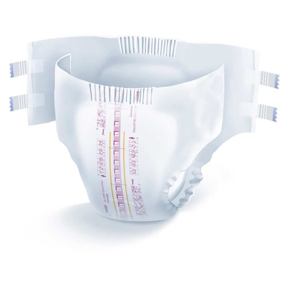 Slip assorbente bianco con chiusure adesive. Indicatori rosa e taglie all'interno. Strisce verticali sul davanti.