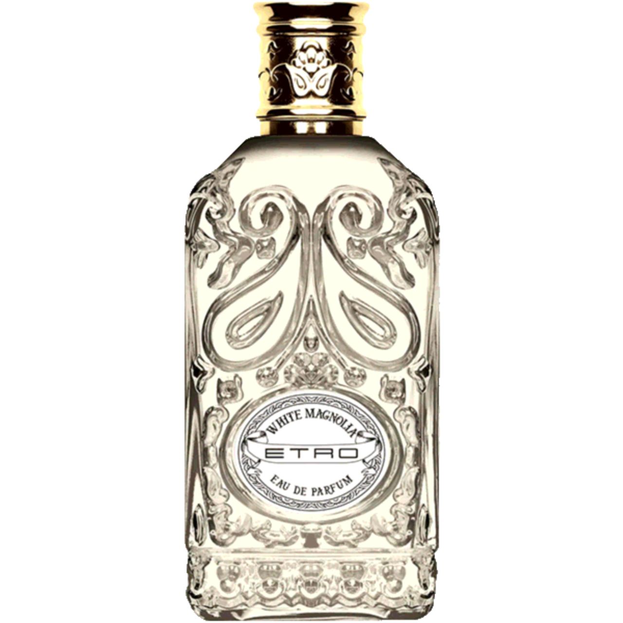 Etro White Magnolia EdP Nat. Spray. Flacone trasparente, tappo dorato. Etichetta ovale con testo.
