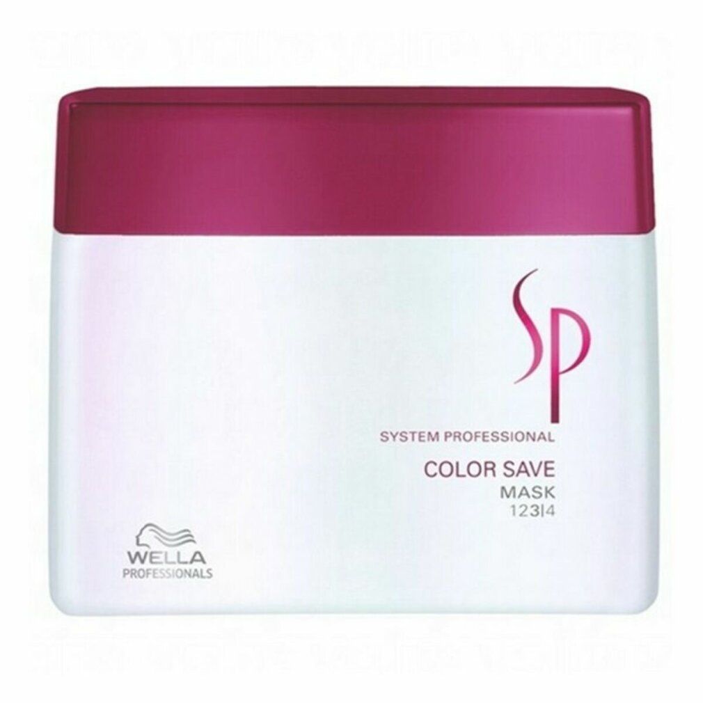 Vaso bianco con coperchio bordeaux. Scritta: Color Save Mask, logo SP, Wella Professional.