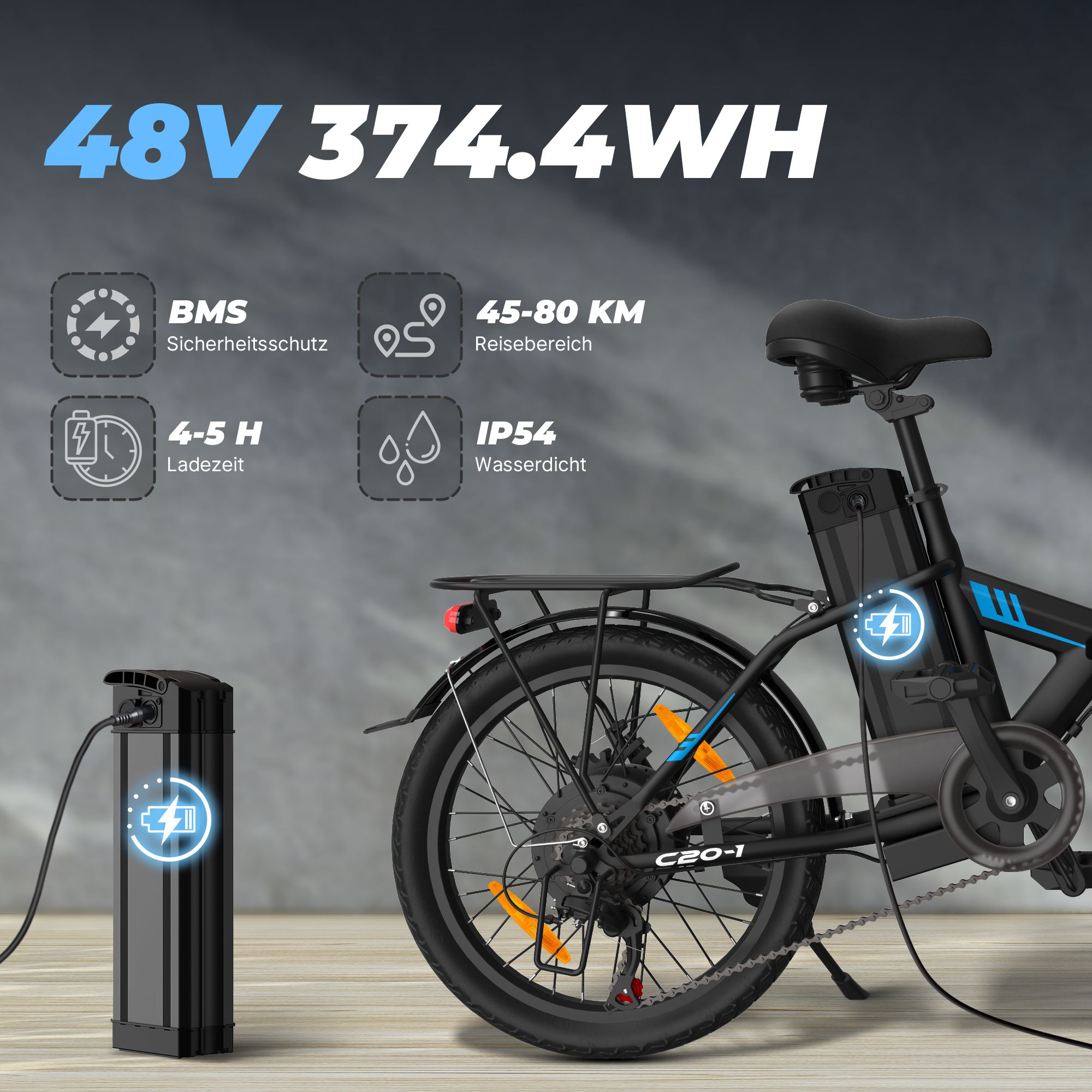 E-bike pieghevole con batteria 48V. Dettagli: BMS, autonomia 45-80 km, tempo di ricarica 4-5 h, IP54 impermeabile. Ricarica.
