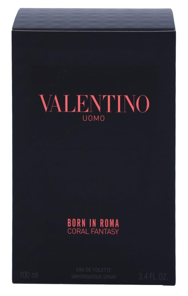 Confezione nera Valentino Uomo Born In Roma Coral Fantasy. Testo rosso sul davanti. "Eau de Toilette" in basso.