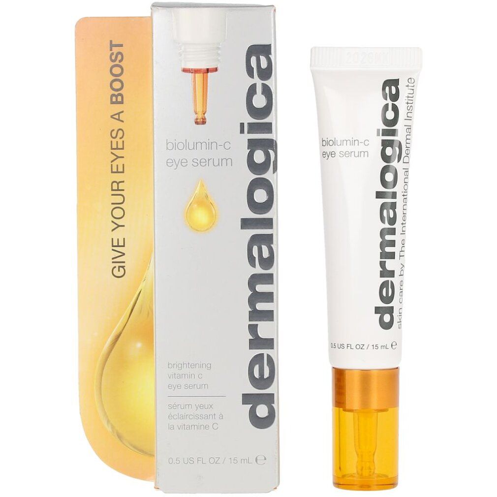 Confezione prodotto con tubo e inserto. Scritta: biolumin-c eye serum, Dermalogica.