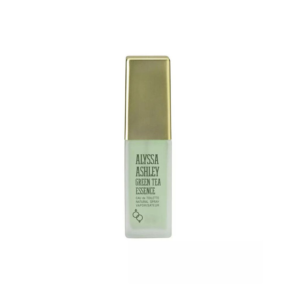 Alyssa Ashley Green Tea Essence Eau de Toilette. Flacone rettangolare, contenuto verde, tappo dorato. Testo.