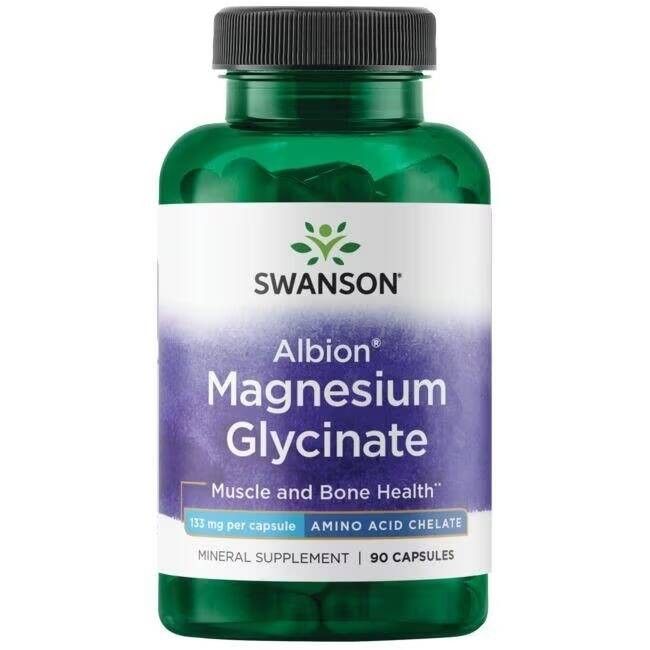 Flacone verde di capsule. L'etichetta recita "Swanson Albion Magnesium Glycinate". Contiene 133 mg per capsula e 90 capsule.