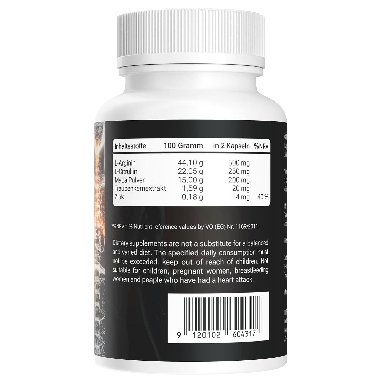 Retro di un flacone 'Men Performance Extrem' di Delta Nutrition con informazioni nutrizionali.