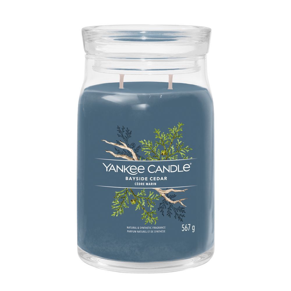 Candela profumata blu in vaso con coperchio. Scritta: Yankee Candle Bayside Cedar, 567 g. Due stoppini.