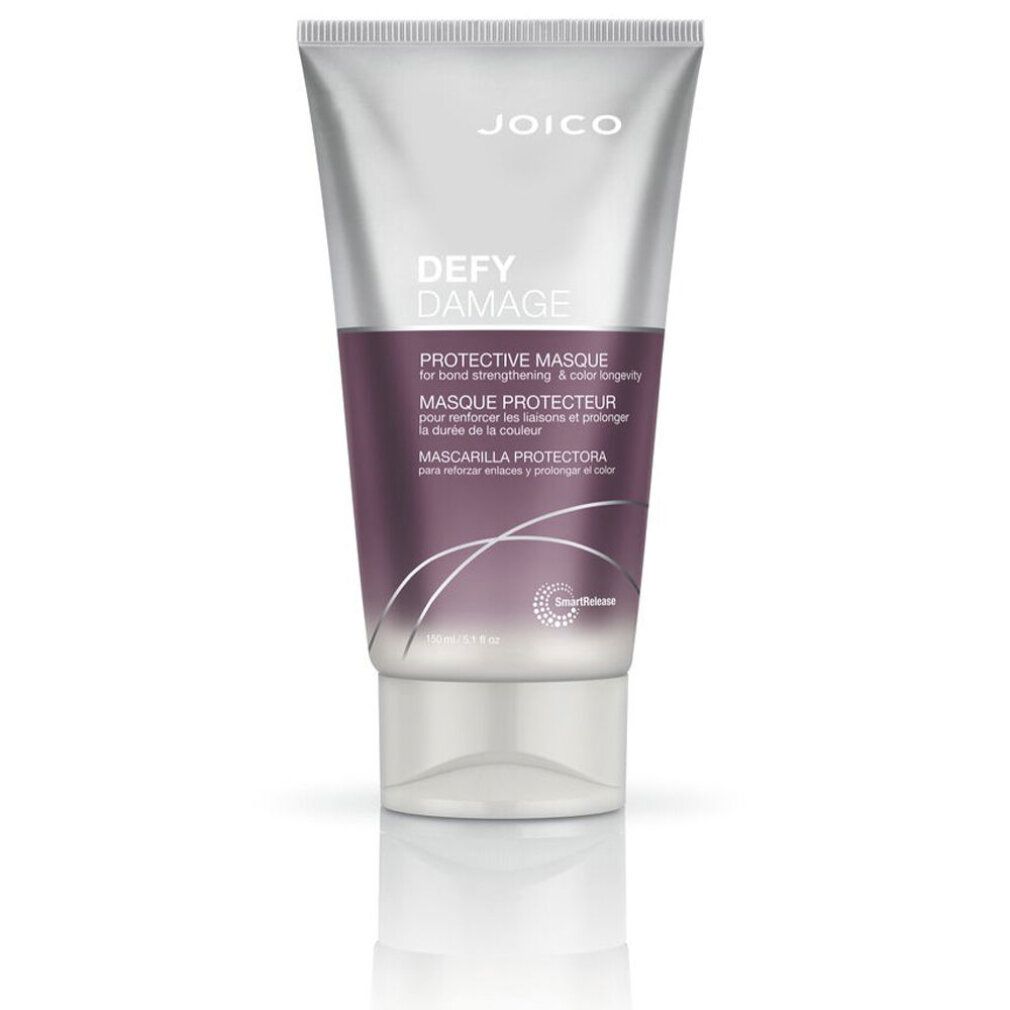 Tubo Joico Defy Damage Masque. Argento, accento viola. Testo: Protective Masque, Masque Protecteur, Mascarilla Protectora.