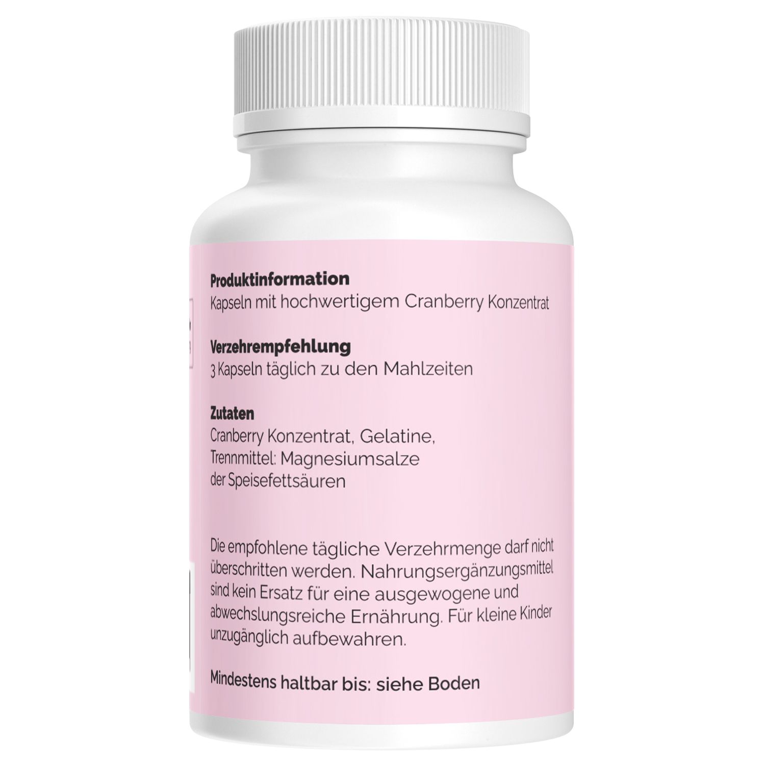 Retro del flacone. Etichetta rosa con informazioni sul prodotto: concentrato di mirtillo rosso, raccomandazioni per l'uso, ingredienti. Scadenza.