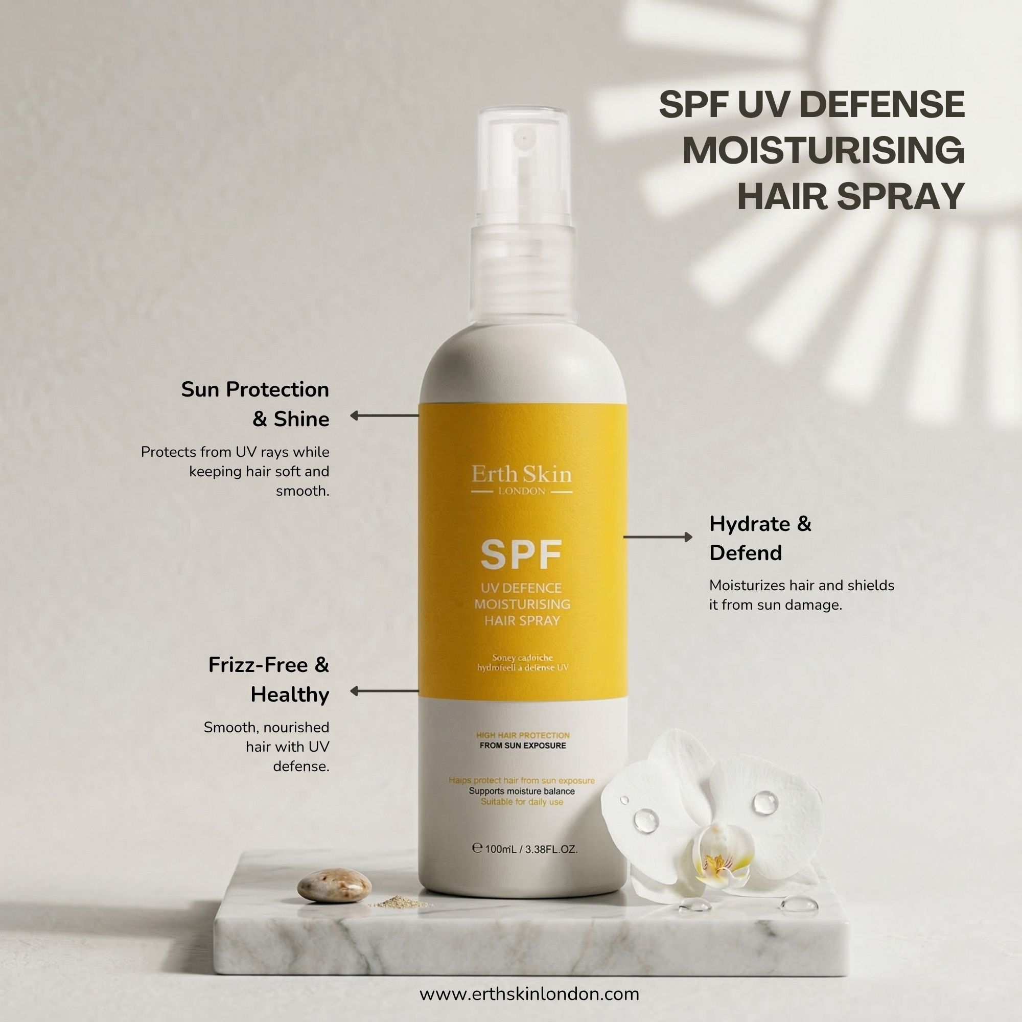 Flacone di spray per capelli con etichetta gialla. Scritta: SPF. ErthSkin London. Campi di testo con informazioni sul prodotto.