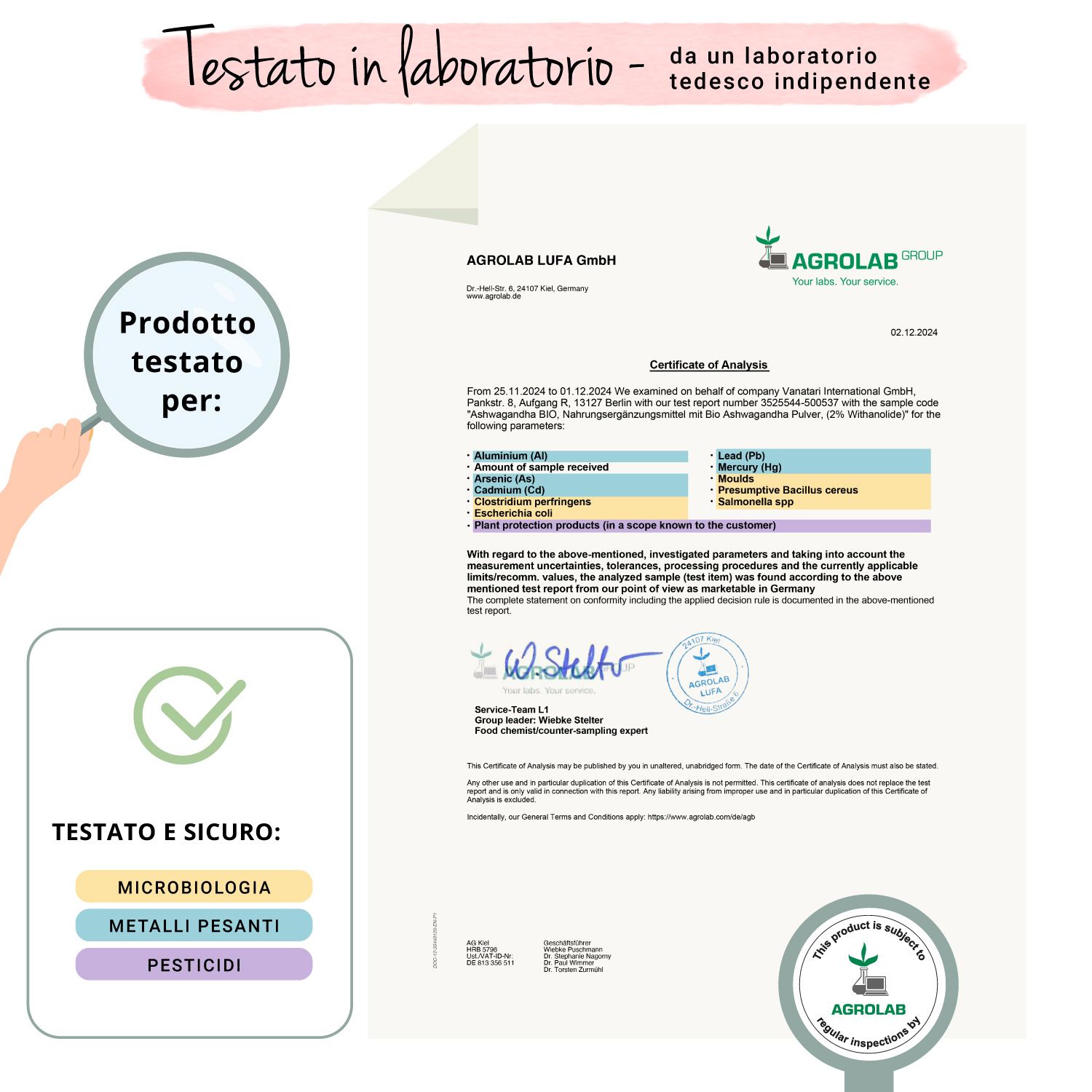 Certificato AGROLAB LUFA GmbH. Analisi della polvere di Ashwagandha. Testato per microbiologia, metalli pesanti, pesticidi.