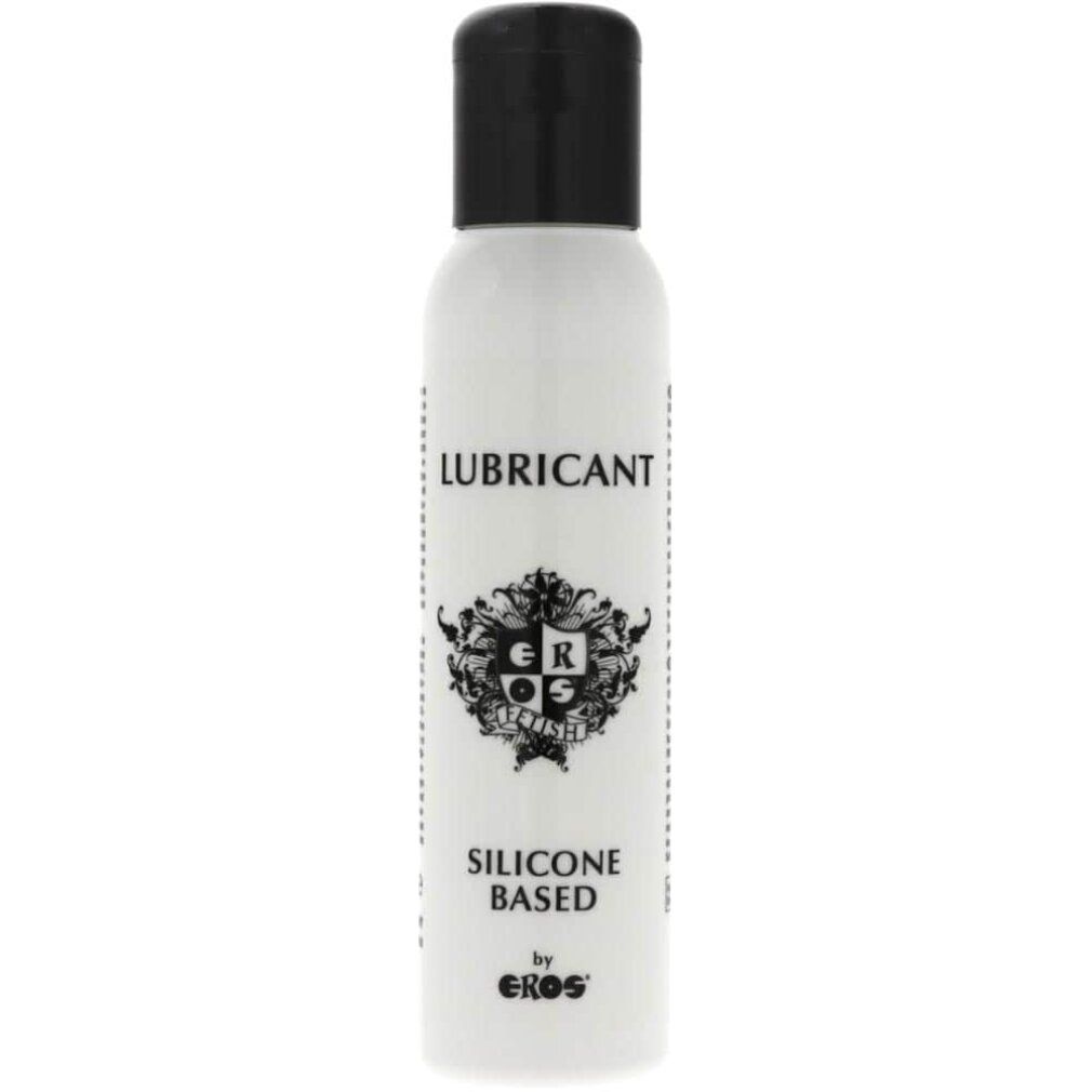 Flacone bianco con tappo nero. Scritta: LUBRICANT, SILICONE BASED, by EROS. Logo GR e ornamenti.
