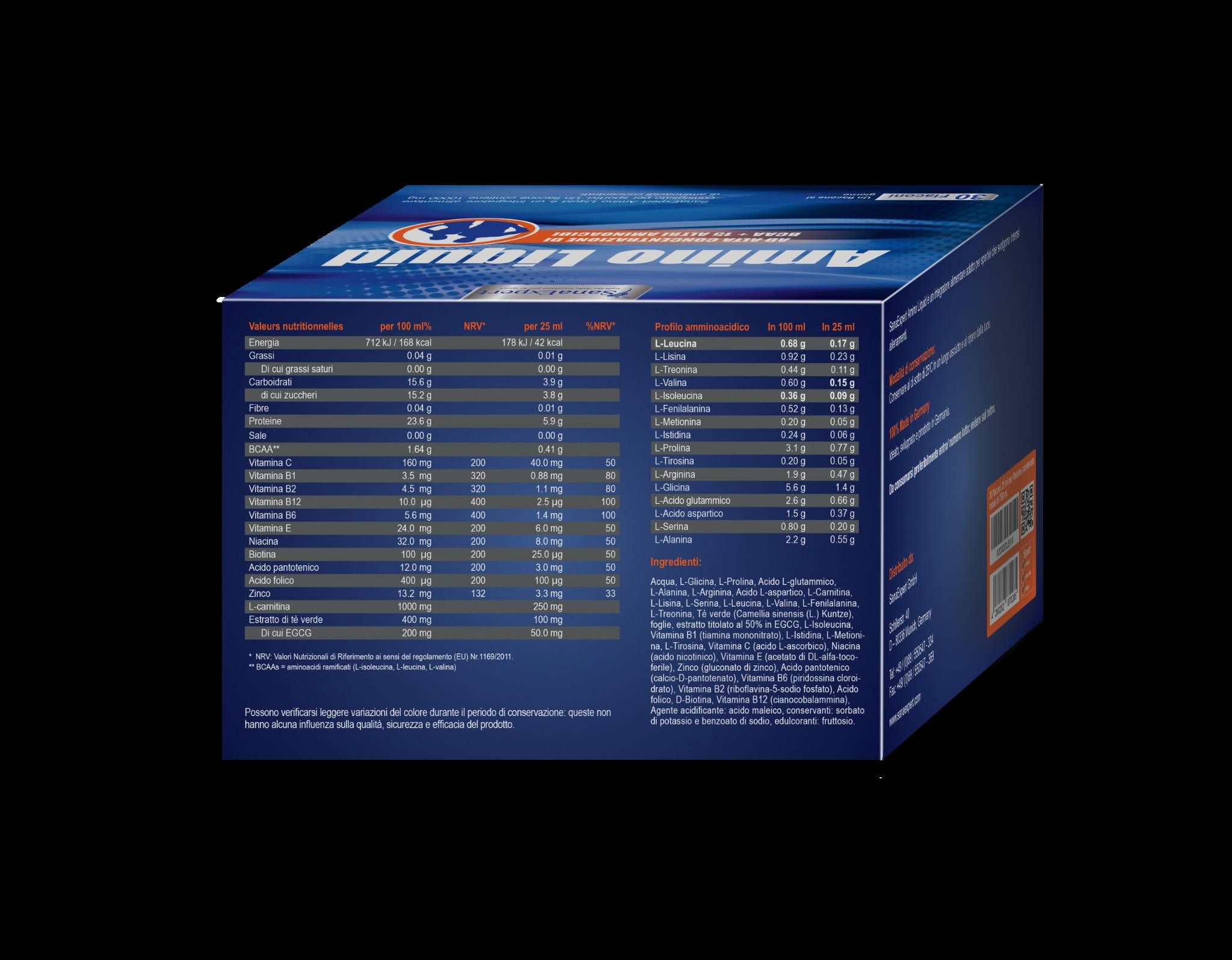 Retro della confezione SanaExpert Amino Liquid. Tabella nutrizionale con ingredienti e valori nutrizionali.