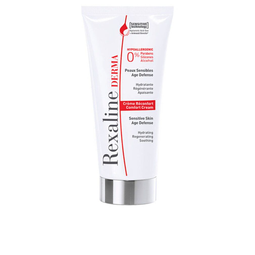 Tubo bianco con tappo argentato. Scritta: Rexaline Derma, Crème Réconfort, Sensitive Skin Age Defense. Ipoallergenico.