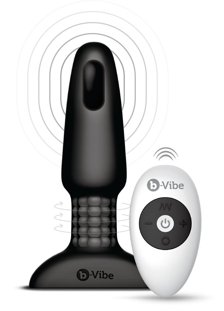 Vibratore anale nero con stelo scanalato e telecomando.