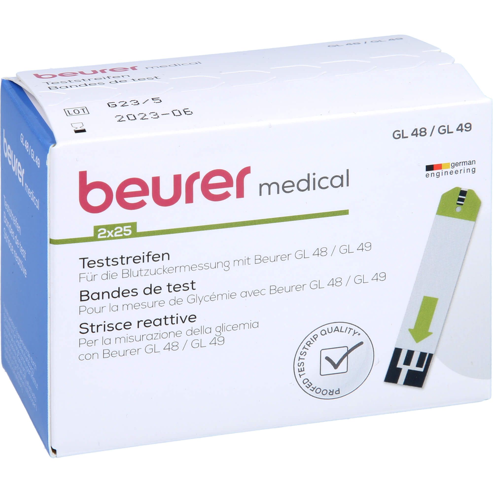 Strisce reattive Beurer per GL 48/49, 2x25 pezzi. La confezione mostra una striscia reattiva.