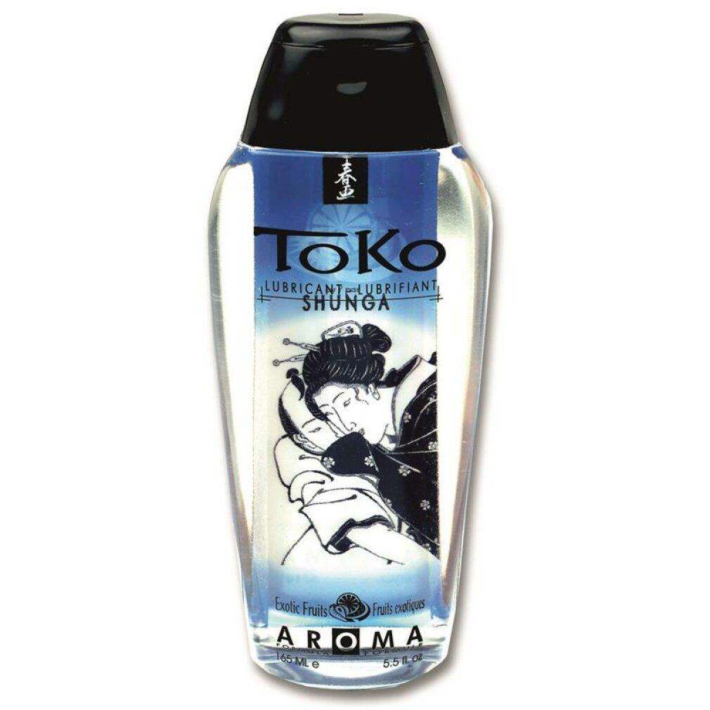 Lubrificante liquido in flacone con tappo nero. Scritta: Toko, Shunga, Aroma Exotic Fruits. Illustrazione: donna.