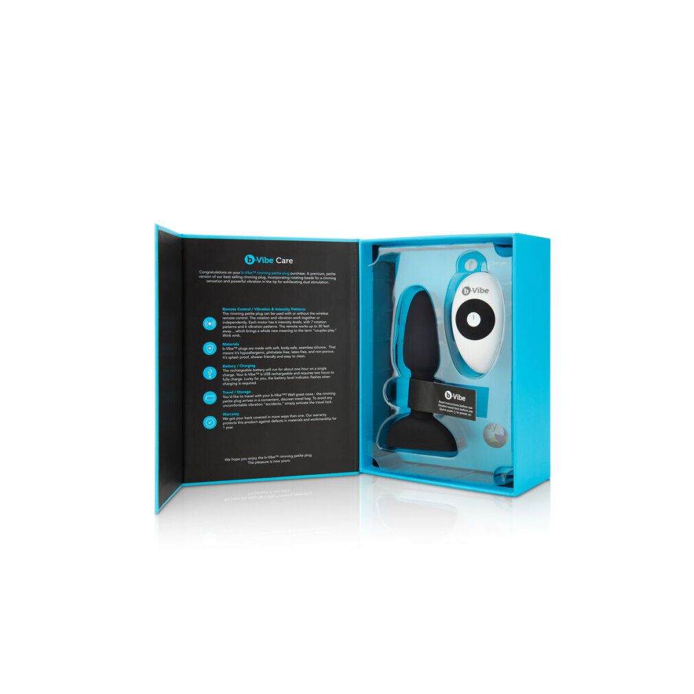 Confezione blu aperta con prodotto benessere, telecomando e accessori. Testo all'interno.