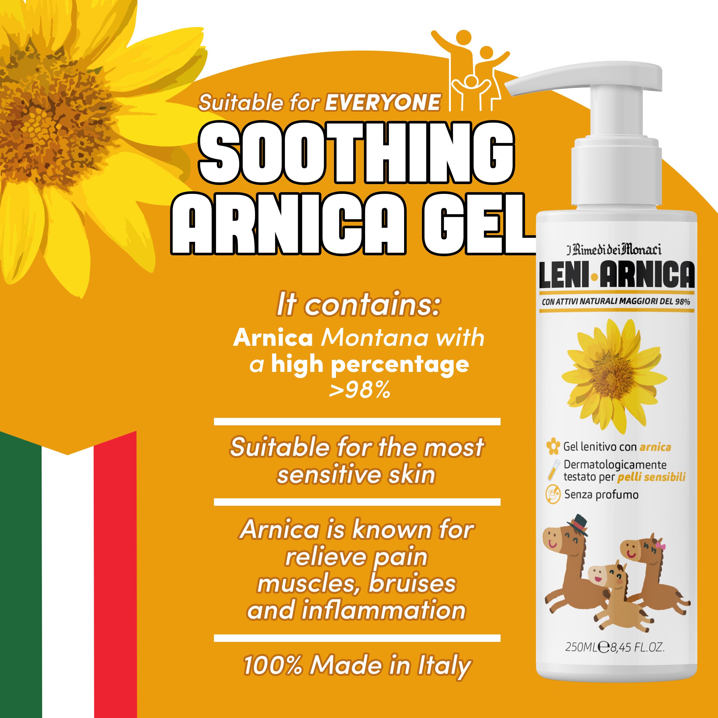 Flacone di gel all'arnica con etichetta gialla. Contiene Arnica Montana. Adatto alle pelli più sensibili. 100% Made in Italy.