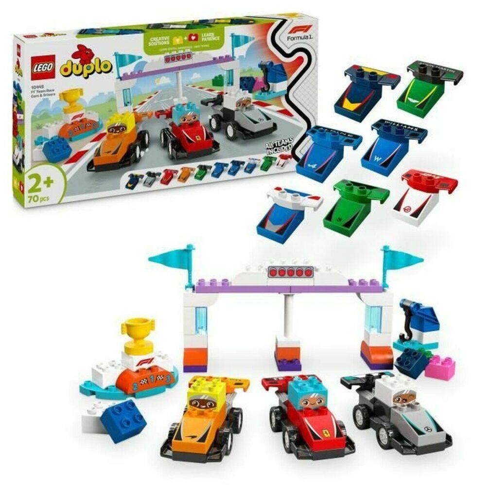 Set LEGO Duplo di auto da corsa. Include auto, traguardo, trofeo e accessori. Confezione con logo e indicazione dell'età.