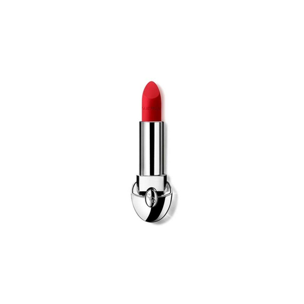 Rossetto rosso in astuccio argentato. Il rossetto è parzialmente estratto. Il nome del marchio è visibile.