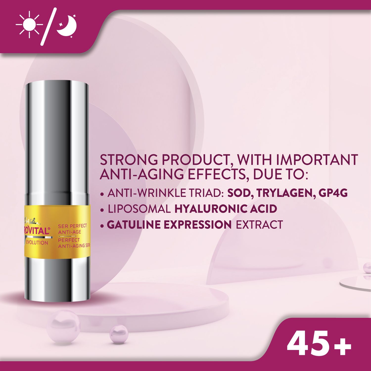 Prodotto su un piedistallo. Scritta: Gerovital H3 Evolution, Ser Perfect Anti-Age.
