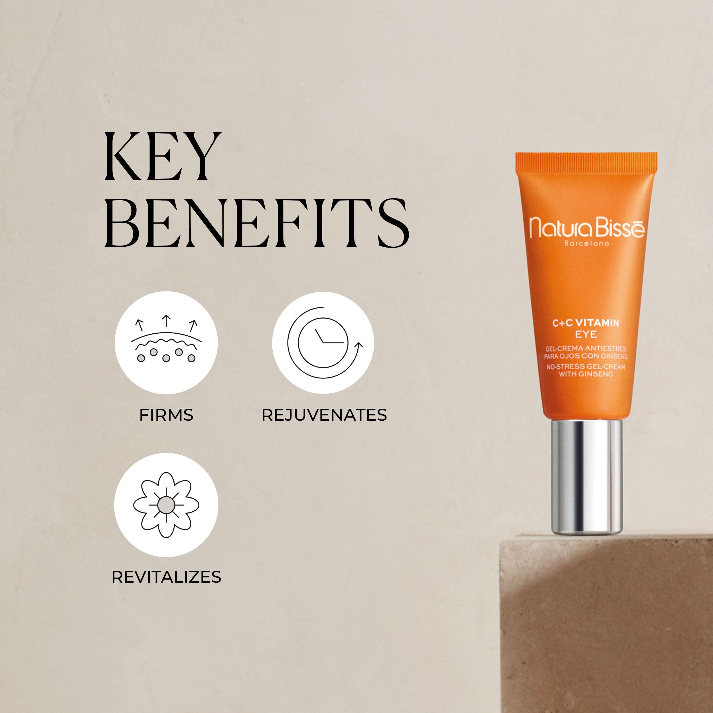 Tubo arancione con tappo argentato. Scritta: Natura Bissé, C+C Vitamin Eye, Gel-Crema, No-Stress Gel-Cream with ginseng. Testo: Key Benefits.