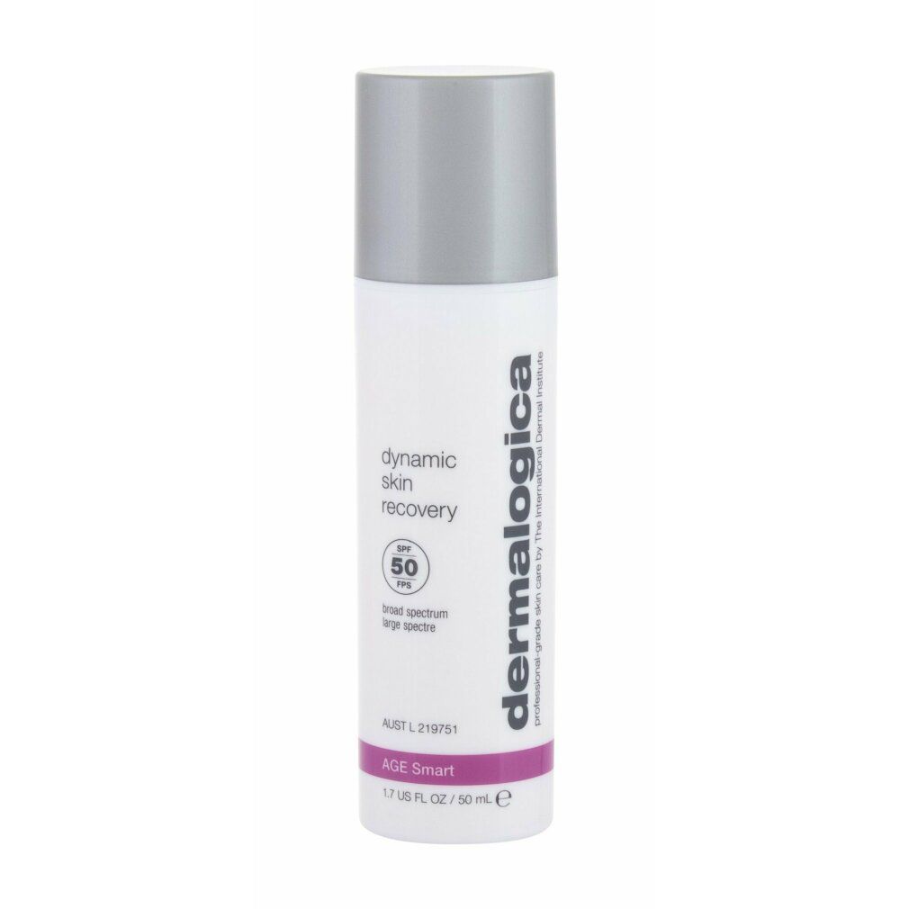 Prodotto cilindrico bianco con tappo argentato. Testo: dynamic skin recovery, SPF 50, AGE smart, Dermalogica.