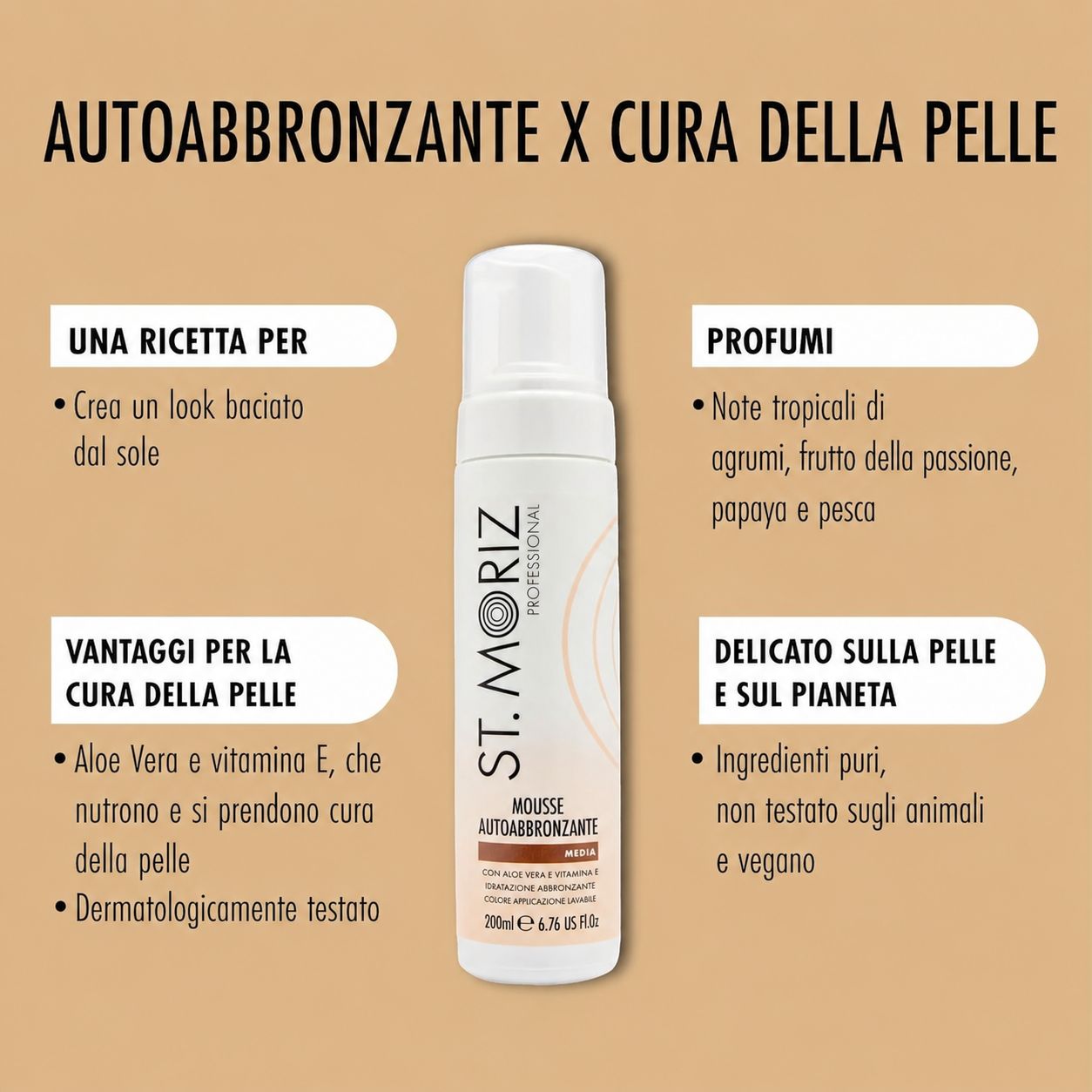 ST. MORIZ Mousse autoabbronzante Medium. Contiene Aloe Vera e Vitamina E. Dermatologicamente testato. Vegano.