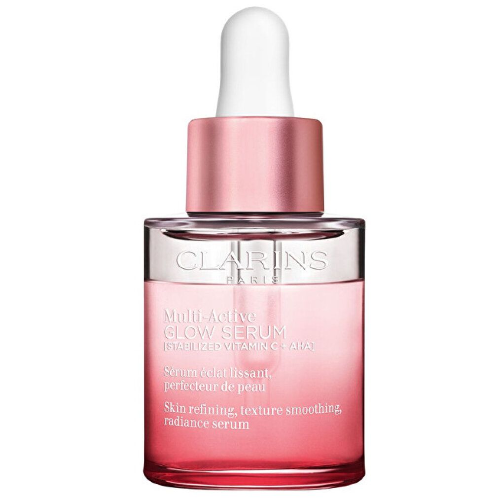 Flacone Clarins Glow Serum con contagocce. Liquido rosa in contenitore di vetro con tappo rosa.