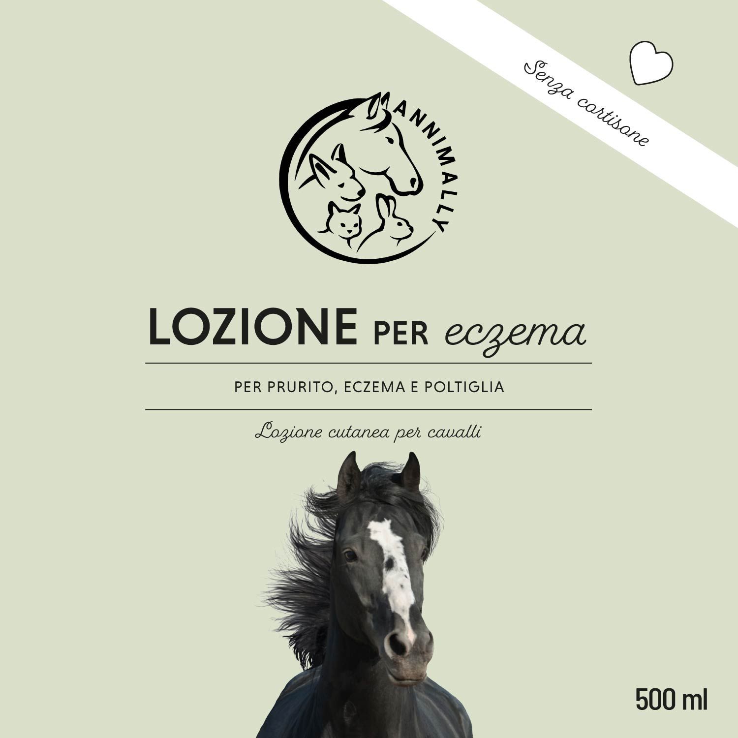 Etichetta con logo e nome del prodotto. Testo: Lozione per eczema. Per prurito, eczema e crosta. 500 ml. Senza cortisone. Cavallo.