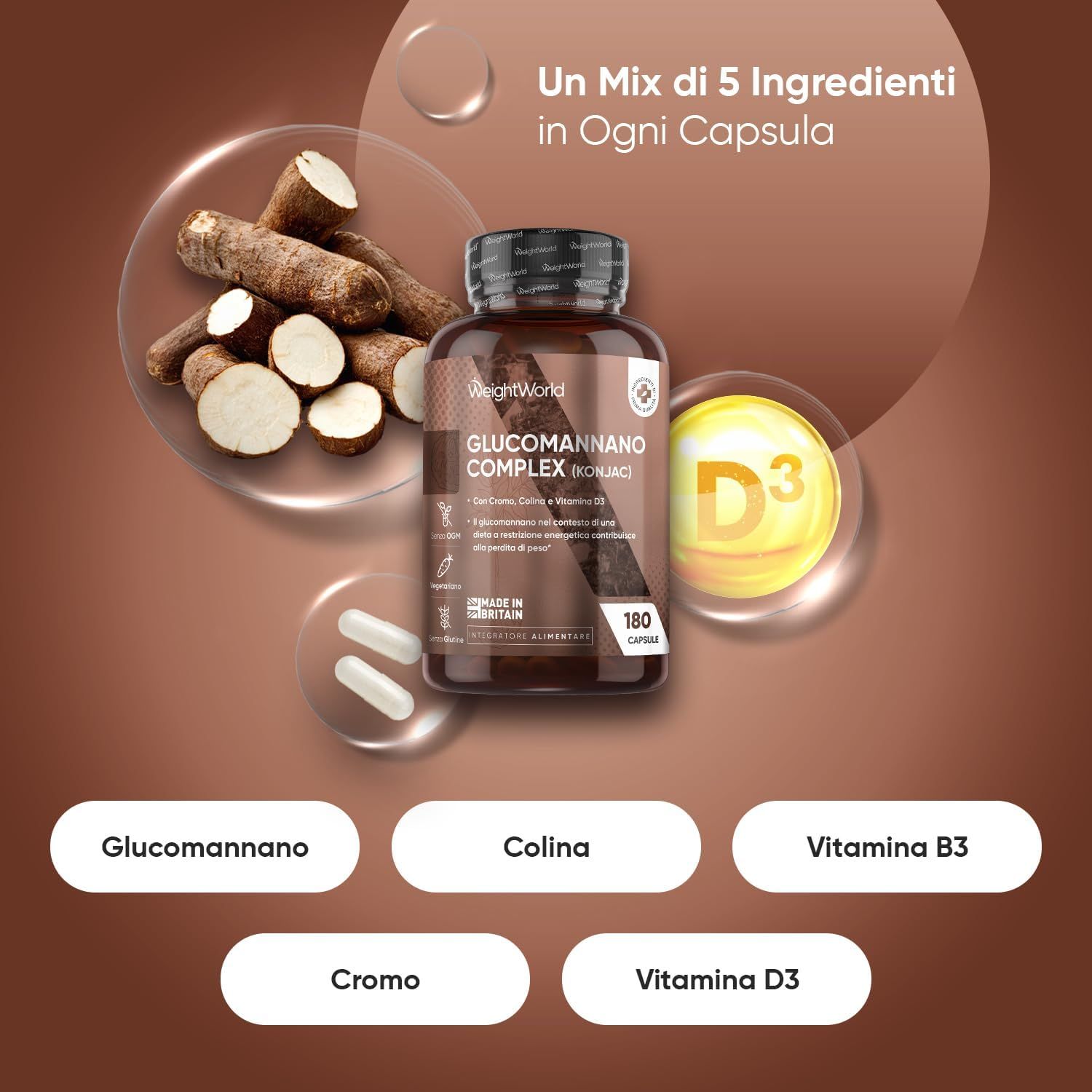 Grafico con ingredienti: Glucomannano, Colina, Vitamina B3, Cromo, Vitamina D3. Flacone con capsule. Marchio: WeightWorld.