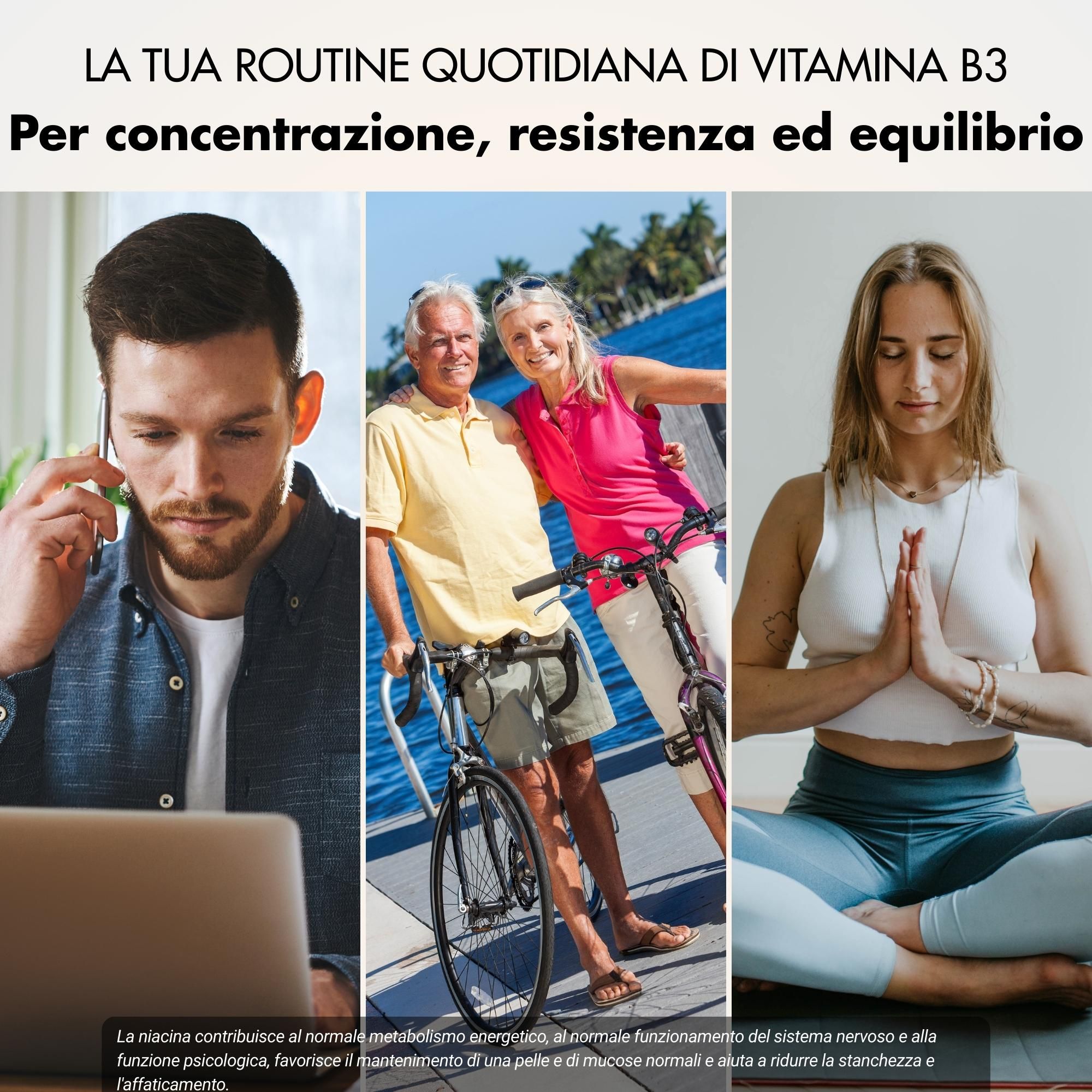 Tre immagini: uomo con laptop, coppia in bicicletta, donna in yoga. Testo: Per concentrazione, resistenza ed equilibrio.