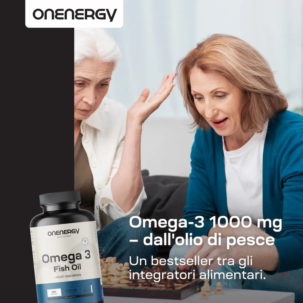 Donne giocano a scacchi, flacone di Omega 3. Testo: Omega-3 1000 mg - dall'olio di pesce. 360 capsule molli.