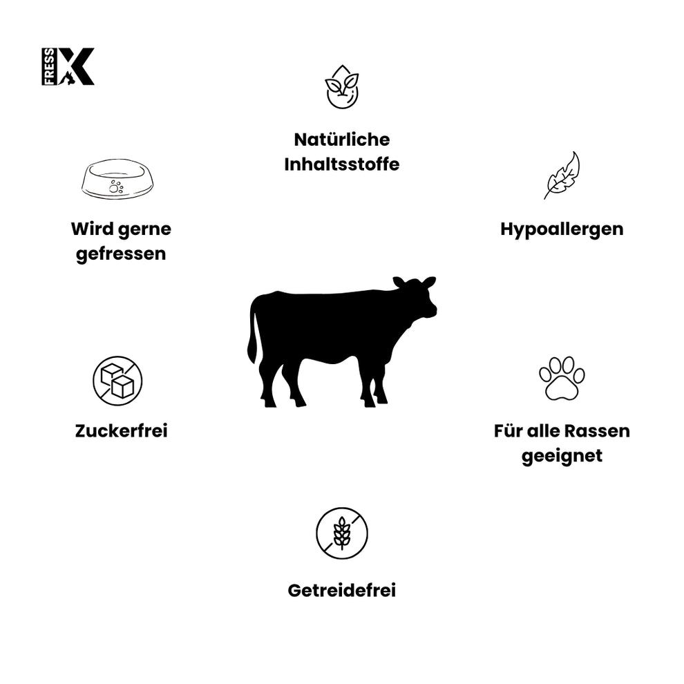 Grafica circolare con icone e testo. Contiene una silhouette di mucca, 'Ingredienti naturali', 'Ipoallergenico', 'Adatto a tutte le razze', 'Senza cereali', 'Senza zucchero', 'Apprezzato'.