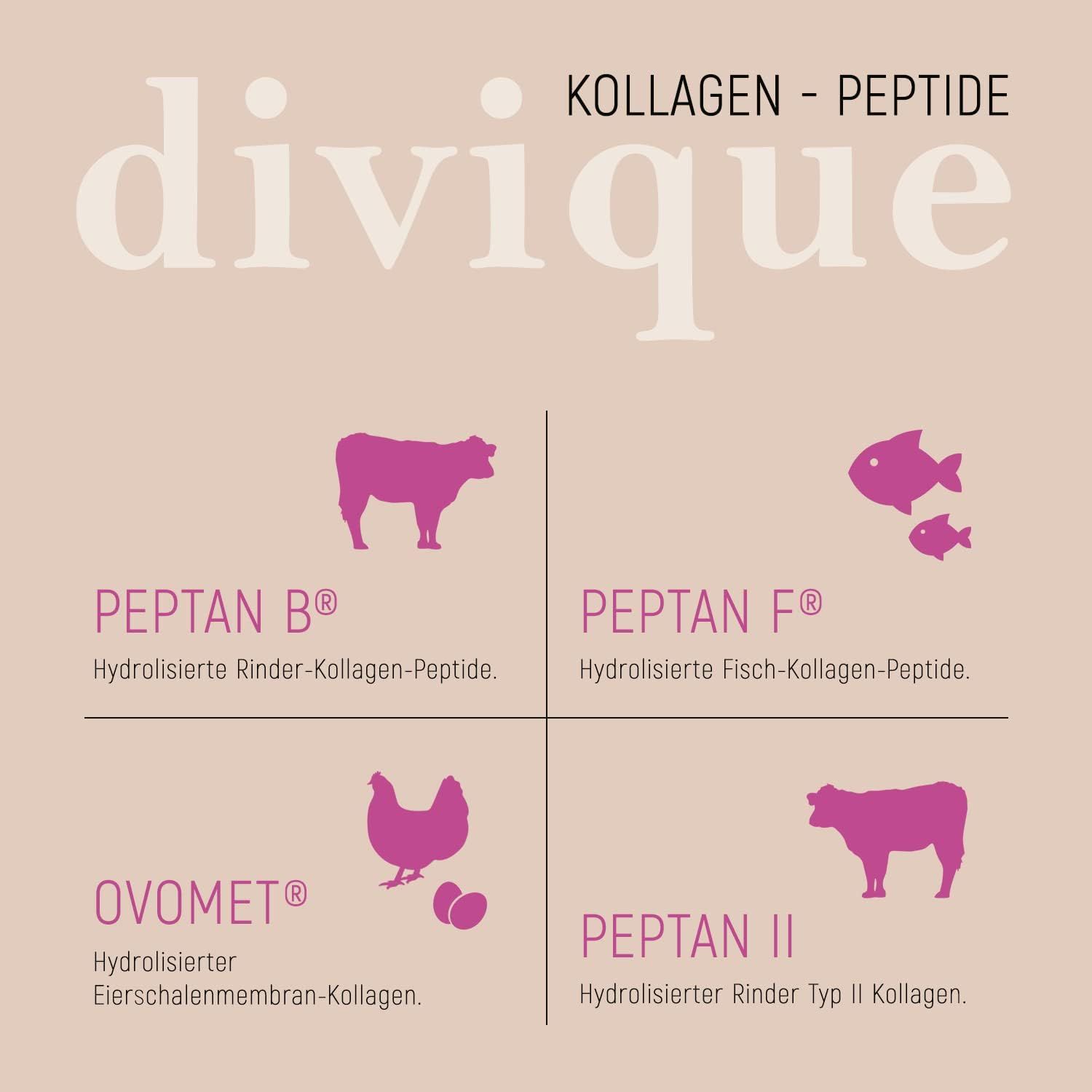 Infografica con icone di mucca, pesce, pollo e mucca. Testo: Peptidi di collagene. Peptan B, F, Ovomet, Peptan II.