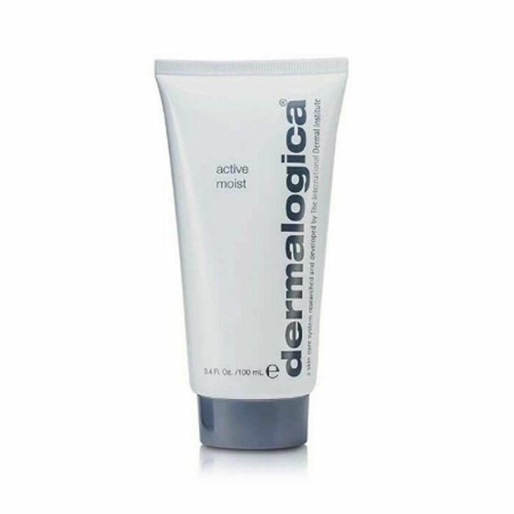 Tubo bianco con tappo grigio. Scritta "active moist" e "Dermalogica". Testo e logo sul tubo.