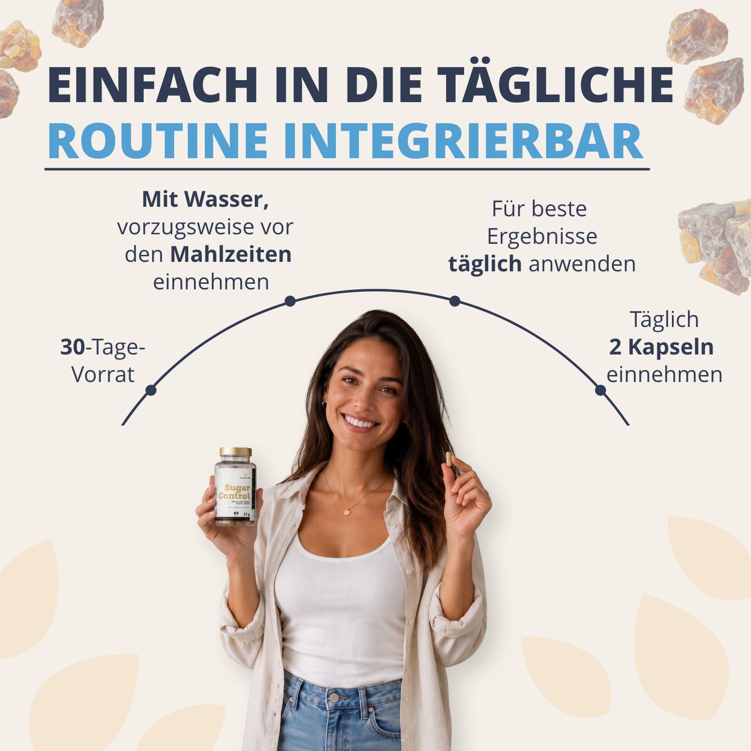 Donna con capsule Golden Tree Sugar Control, assunzione giornaliera.