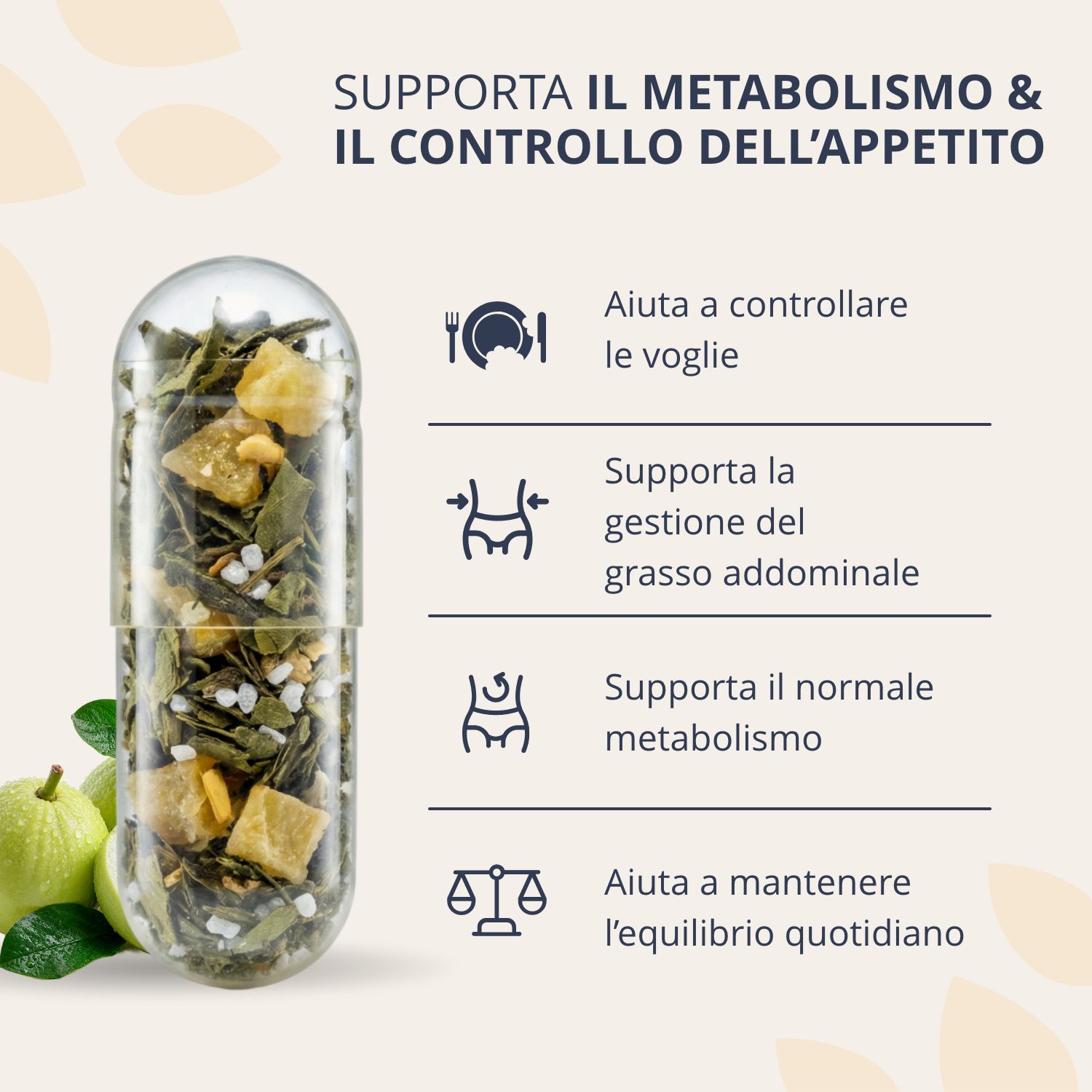 Capsula trasparente con ingredienti che supportano il metabolismo e il controllo dell'appetito.