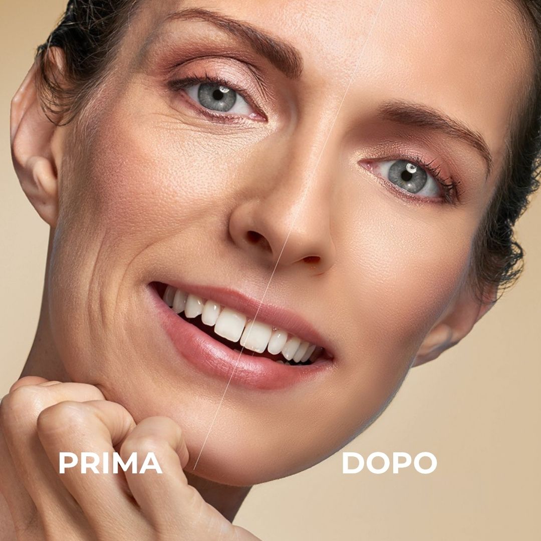 Confronto prima-dopo. Donna con rughe, poi pelle più liscia. Vasetto di crema con coperchio arancione.