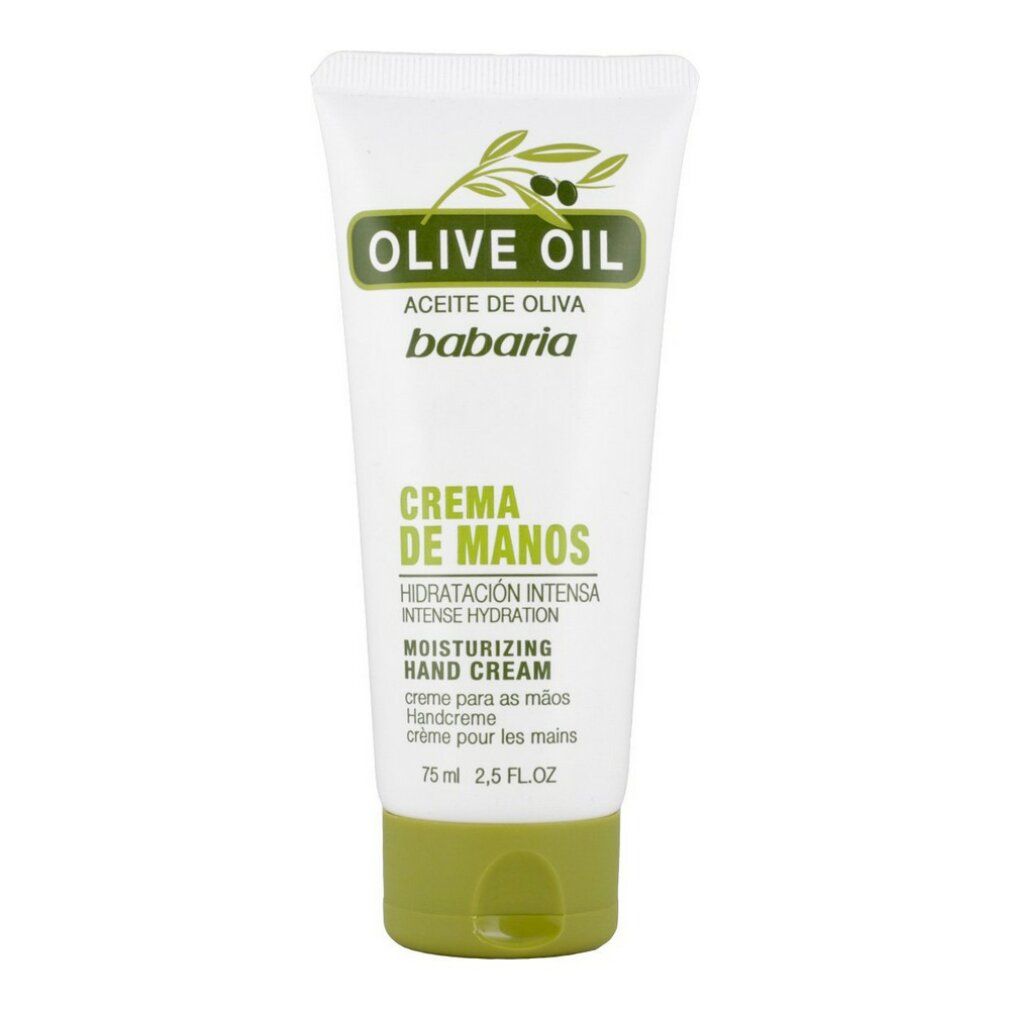 Tubo crema mani Babaria con logo olio d'oliva. Testo: Crema de Manos, Hidratación intensa. Confezione verde e bianca.