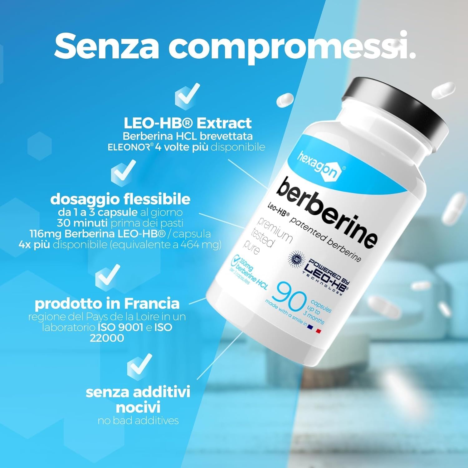 Capsule di Berberina Hexagon: Flacone da 90 capsule, LEO-HB® 4x più disponibile, 116mg Berberina.